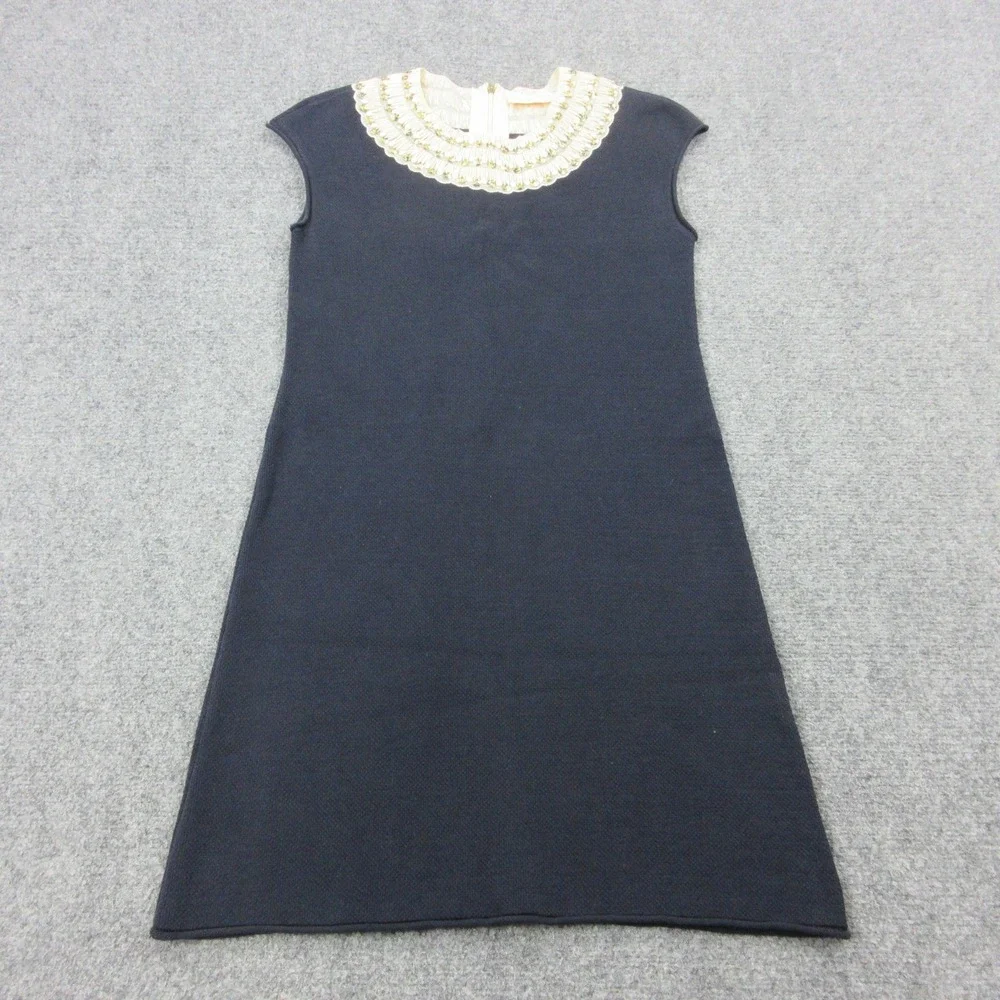 Tory Burch Dress Womens Small Blue Beaded Collar Shift Knee Length Lined Party